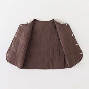 Deep brown kids down vest with white duck down padding and silver snap button closure