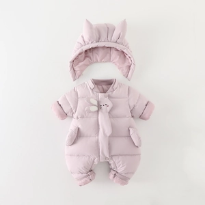 Quilted baby winter jumpsuit in light pink with cute cartoon bunny ears hood