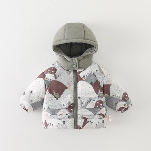Infant Toddler Winter Padded Coat Hooded Cartoon Landscape Print Warm Jacket Thickened Outwear For Baby Boys