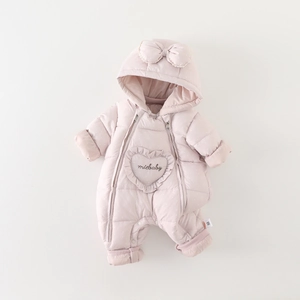 Pink hooded baby winter romper with large bow and warm padded insulation for newborns