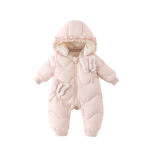 Pink hooded baby down snowsuit with cute 3D bows and ruffled hood trim on white background