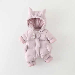 Pink hooded baby romper with cute rabbit ears and warm quilted design for winter