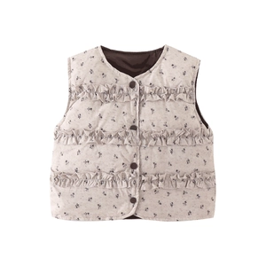 Quilted white floral down vest for toddler girls featuring sweet ruffle layers and front buttons