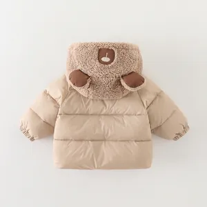 Thick beige and brown baby boy winter puffer jacket with cute bear ears hood design