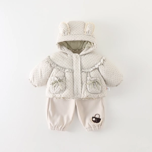 Ensemble d'hiver à fleurs pour bébé fille avec capuche à oreilles d'ours et nœuds