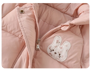 Detail of pink toddler winter jacket featuring a floral bunny patch and zip closure