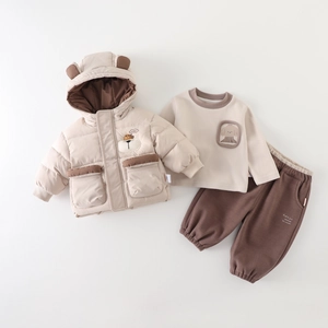 Baby Boys Winter Warm Thickened Cotton Clothing Cute Bear Ear Hooded Coat Cartoon Sweatshirt And Jogger Pants