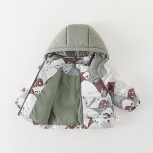 Winter padded hooded jacket for infants featuring cartoon mountain prints and warm lining