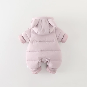 Thickened hooded baby winter snowsuit in soft pink with cute 3D animal ears design