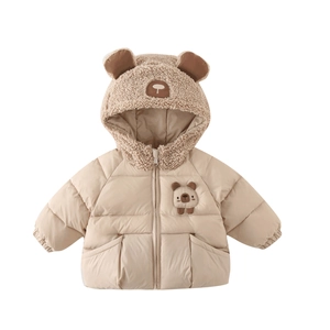Thick padded infant hooded jacket with bear ears and soft fleece lining in khaki