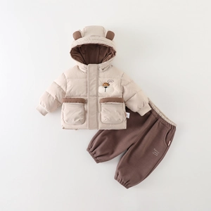 Winter infant 3-piece set with beige bear ear hoodie and brown pants for toddlers