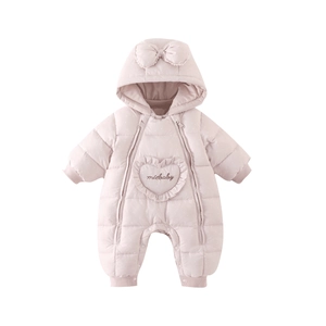 Pink quilted hooded baby romper with bow details and heart embroidery for winter warmth
