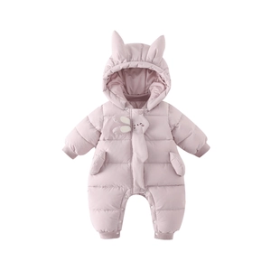 Thick warm winter baby romper with rabbit ear hood in soft lotus pink quilted fabric