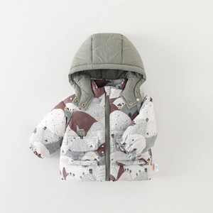 Thick hooded winter jacket for toddlers with scenic village print and green hood