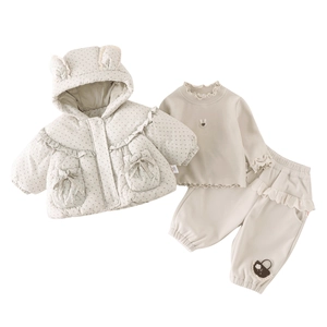 Ensemble hiver 3 pièces bébé fille, veste matelassée à fleurs et pantalon à volants