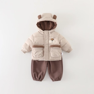 Thick baby boy winter outfit with teddy bear ears hood and embroidered warm padded jacket