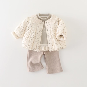 Toddler girl winter floral quilted jacket and pants set with lace collar and embroidery