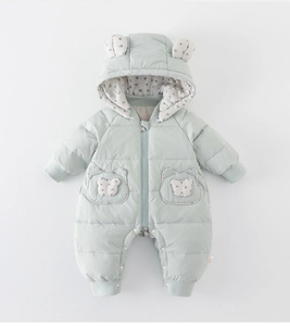 Detail von Baby Winter-Einteiler mit süßer Bärenohren-Kapuze und Doppelreißverschluss in Mint
