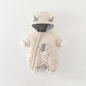 Barboteuse Bébé Garçon Dinosaure Dessin Animé À Capuche Matelassée Épaissie Chaude Combinaison Hiver Pour Nouveau-Né Beige