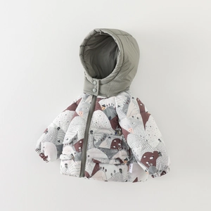 Thick warm winter baby jacket with cartoon mountain prints and olive green hood
