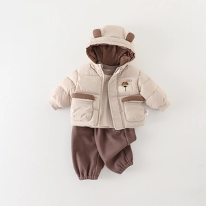 Baby boy 2-piece winter set with beige bear hooded puffer jacket and brown pants
