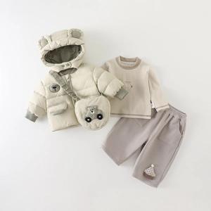 Ensemble d'Hiver pour Petit Garçon Veste Rembourrée T-Shirt en Coton et Pantalon Oreilles d'Ours Capuche Épaissie Vêtements Chauds