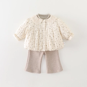 Floral quilted cotton jacket and knitted pants two-piece warm winter set for baby girls