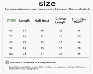 Size chart for baby down jumpsuit with length, bust, sleeve and shoulder measurements