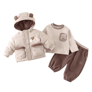 Three-piece baby boy winter outfit set with beige bear ear hooded jacket and brown pants