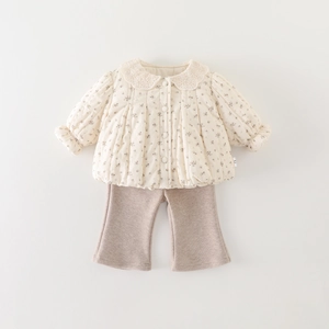 Floral quilted jacket and brown pants set for toddler girls with lace collar