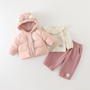 Infant Baby Girls Winter Thickened Warm Hooded Jacket With Bunny Ears Long Sleeve Top And Pants Daily Warm Clothes
