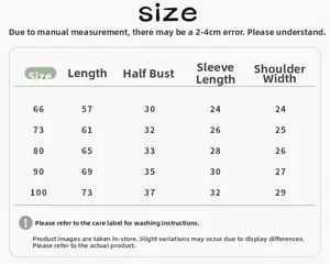 Detailed size chart for baby winter down romper showing length and chest measurements