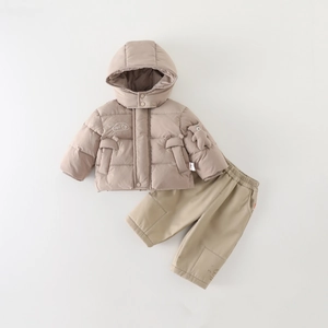 Infant winter warm 3-piece set with hooded khaki jacket and bear decor pants