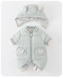 Details zum Baby Winter-Daunenoverall mit Blumenfutter und abnehmbarer Bärenohren-Kapuze