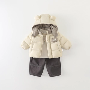 Ensemble d'hiver pour enfant avec veste à capuche oreilles d'ours et pantalon gris