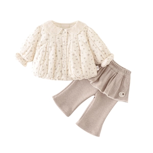 Floral quilted warm jacket with lace collar and khaki frill pants for toddler girls