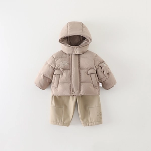 3-piece infant winter set with hooded fleece bear jacket and warm padded pants in beige