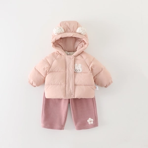 Pink winter infant thermal clothing set with bunny ear hood and warm padded jacket