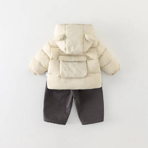 Ensemble hiver bébé garçon veste beige à capuche et pantalon gris doublé chaud