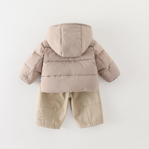 Winter 3-piece baby boy outfit set with thickened hooded jacket and bear pattern pants