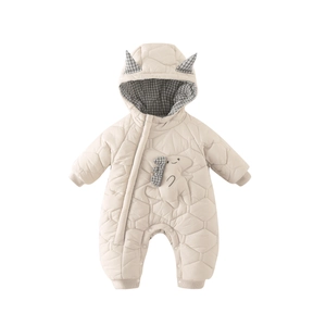 Barboteuse hiver bébé épaisse avec capuche, broderie dinosaure et tissu matelassé