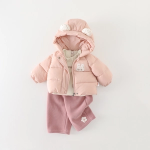 Cute pink 3-piece winter outfit set for baby girls with cartoon rabbit hood and warm pants