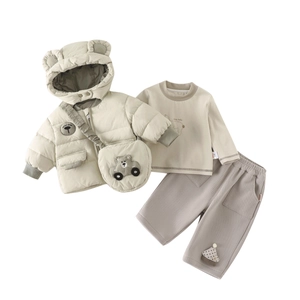 Ensemble hiver 3 pièces bébé garçon avec veste à capuche ours et pantalon gaufré