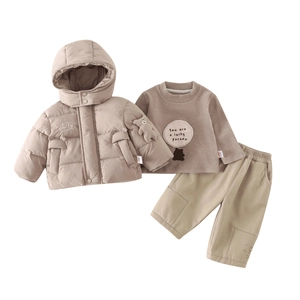 Three-piece winter clothing set for baby boys including a padded beige hooded coat and pants