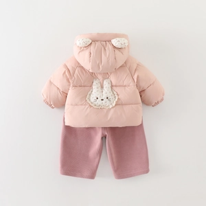 Thick warm hooded cotton set for baby girls featuring cute rabbit ears and floral details