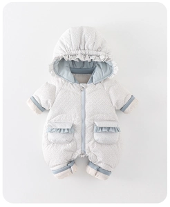 Detail of baby floral snowsuit showing hooded ruffle trim and front pockets design