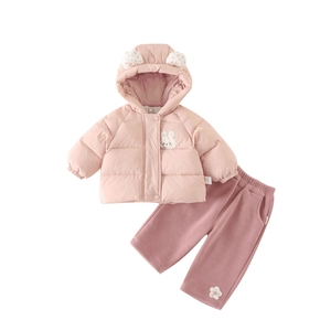 Pink winter infant thermal outfit with hooded bunny jacket and fleece trousers