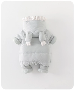 Detailed back view of a light gray baby down jumpsuit with floral ruffles and 3D hand decor