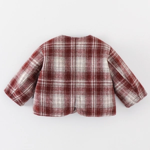 Winter red checkered wool coat for baby girls with warm cotton padding and round neck