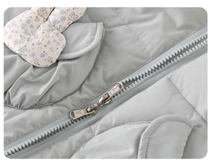 Close-up of baby winter romper showing high-quality metal double zipper and quilted fabric